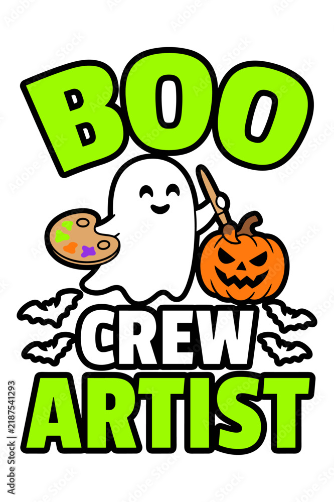 Fototapeta premium Boo crew artist design featuring ghost painting a carved pumpkin for halloween themed apparel prints.