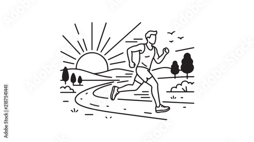 Man Running Outdoor Line Art Vector Illustration on Morning Sunrise Scenery