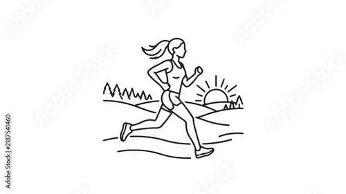 Woman running outdoors outline vector illustration with sunrise and mountains