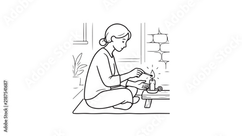 Woman lighting candle vector line drawing outline illustration art design