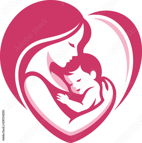 Mother hugging baby graphic vector symbol for family healthcare