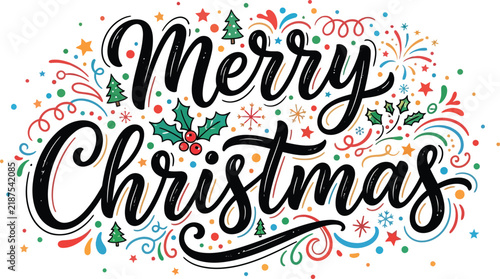 Merry Christmas typography vector lettering with festive holiday icons
