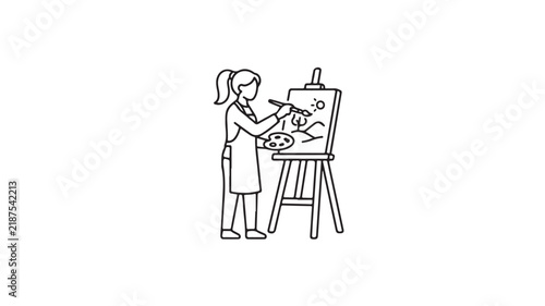 Woman artist painting on canvas easel outline vector illustration design