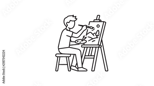 Young artist painting on canvas easel outline vector illustration