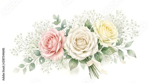 Delicate watercolor painting of roses in shades of pale pink cream and yellow with lush green foliage on a white background