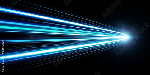 Abstract blue light streaks emanate from a bright focal point, creating a dynamic sense of speed and futuristic energy.