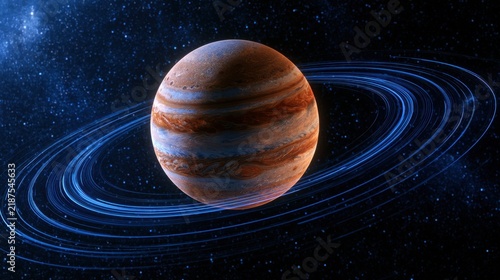 Detailed digital illustration of a large gas giant planet with colorful swirling clouds and multiple thin blue rings orbiting in deep outer space