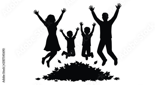 Bild auf Leinwand Family Silhouette Jumping With Arms Raised Against White Background
