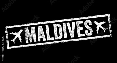 Maldives text stamp with airplane symbols, tropical island country travel destination sign, passport visa imprint concept for tourism, flight booking, beach holiday and honeymoon vacation