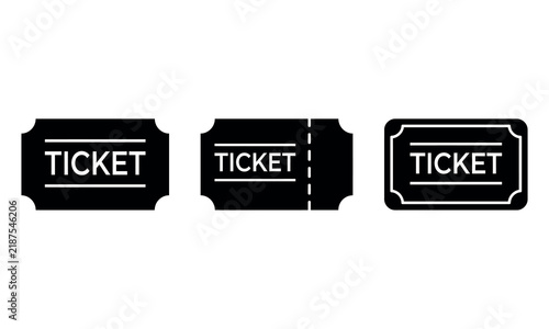 Set of three black ticket icons for cinema, theater, events, and travel isolated on white background.