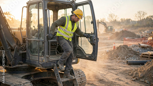 Heavy equipment operator stepping down from excavator cab in dust on morning construction site
