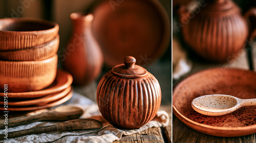 Rustic terracotta tableware with lidded jar and ceramic spoon in split composition
