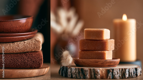 Stacked natural soap bars with folded towels and candle in rustic spa setting