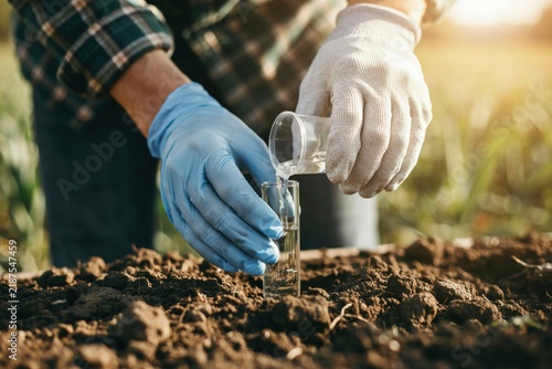 Farmer testing soil quality with a liquid sample in a field