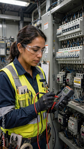 Hispanic female electrician testing electrical circuit breaker panel with digital multimeter in control room