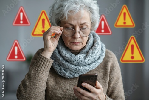 Senior woman looking at smartphone with warning icons representing digital security risks