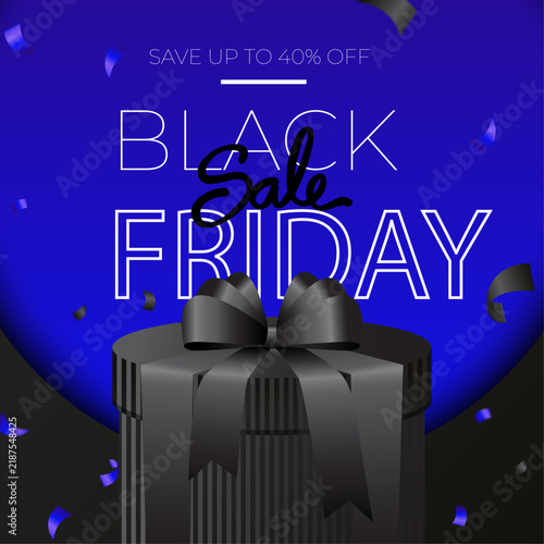 Black Friday Sale Banner with Blue Gift Box, Elegant Background and Special Discount Offer