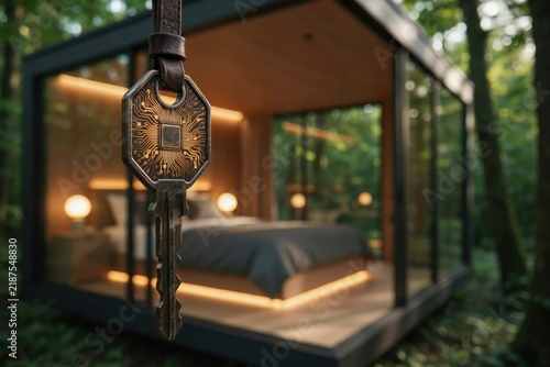 Smart home key hanging in front of modern glass cabin in forest