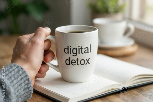 Person holding a coffee mug with digital detox text on a book