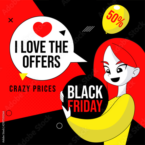 Black Friday Sale Banner with Crazy Prices, Shopping Characters and Discount Offer