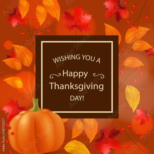 Thanksgiving Greeting Banner with Autumn Leaves, Pumpkin and Festive Holiday Background
