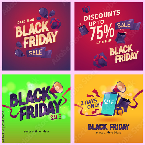 Black Friday Sale and Discount Banner Collection with Colorful Promotional Labels