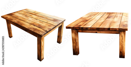 Rustic wooden plank dining tables in different angles isolated on transparent background