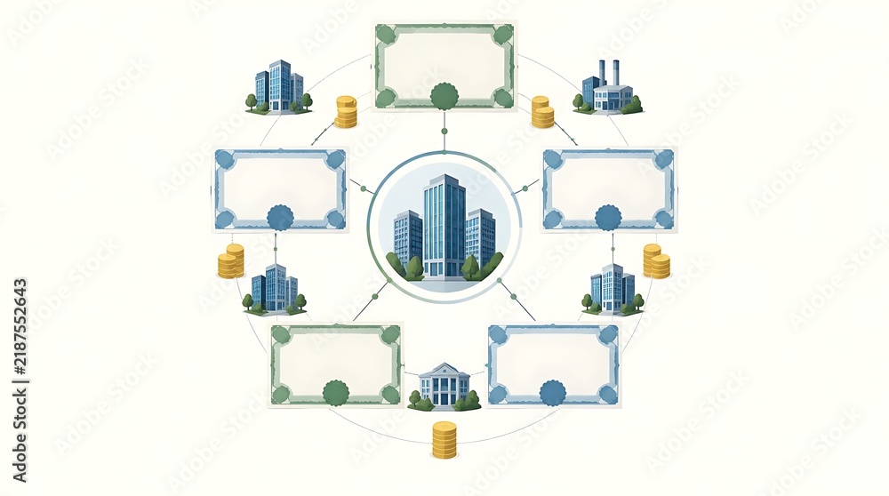 Naklejka premium Business ecosystem illustration showing corporate networking, investment strategy, and financial assets with buildings, blank certificates, and gold coins in a circular flow.