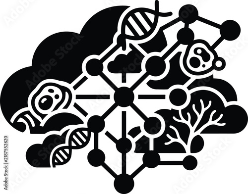 Biotechnology and bioinformatics DNA network silhouette icon isolated on white background