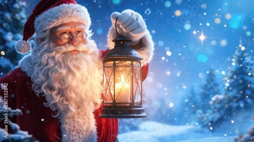 Enchanting Night with Santa Holding Lantern in Winter Wonderland