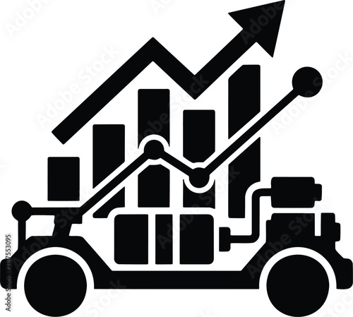 Business growth chart and financial data analytics car silhouette icon isolated on white background