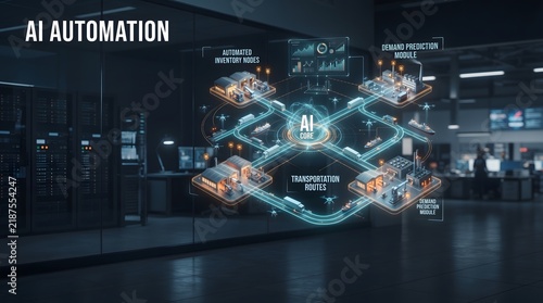 Obraz na płótnie Artificial intelligence automation concept with glowing network connections and digital data streams