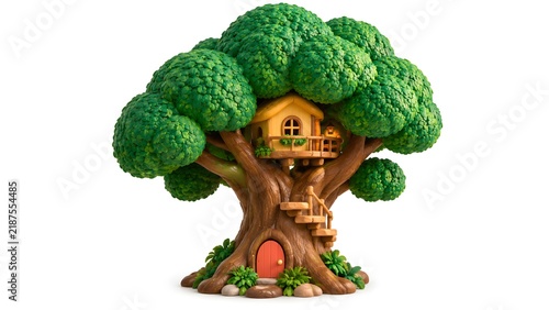 Whimsical miniature wooden treehouse built into a lush green tree with tree home