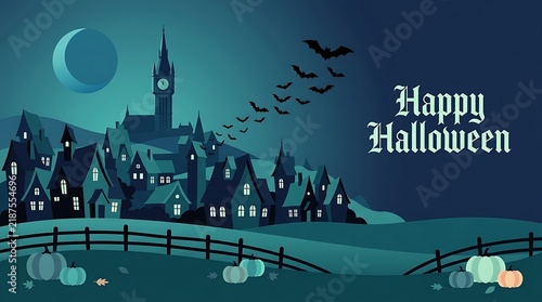Haunted village with crescent moon and flying bats for scary happy halloween celebration art.