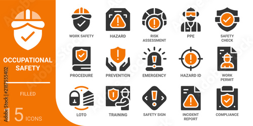 occupational safety and health filled glyph icon collection for web, app, UI, UX, dashboard, presentation and infographic and print design