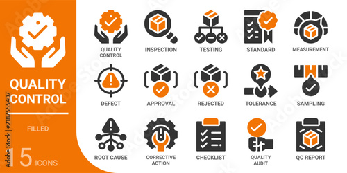 quality control filled glyph icon collection for web, app, UI, UX, dashboard, presentation and infographic and print design