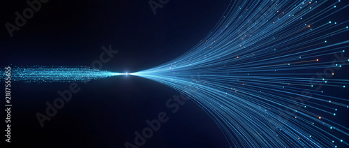 Fototapeta kuchenna Telecommunication cyber network transfer with high speed fiber optic data stream converging with glowing digital particles 