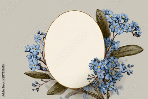 forget me not flower and foliage in oval frame on background 