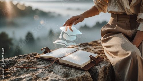 Hand reaches toward a glowing holographic graduation cap floating above an open leather journal on a rocky cliffside during sunrise. Soft golden light illuminates the misty forest valley below.