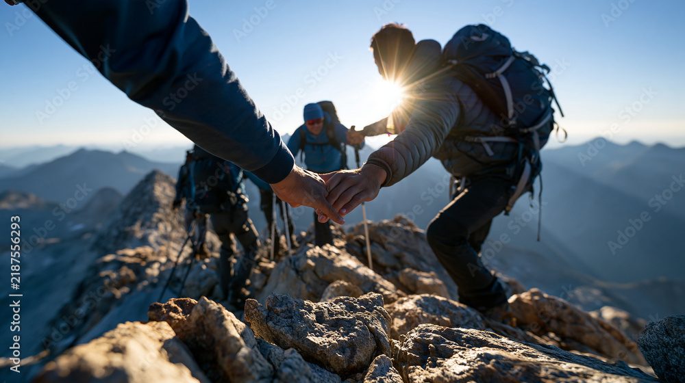 Obraz premium Bright rocky summit under a clean sky rear view of a group climbing the final section together hands helping one another over the rocks backpacks and poles sunlit peaks