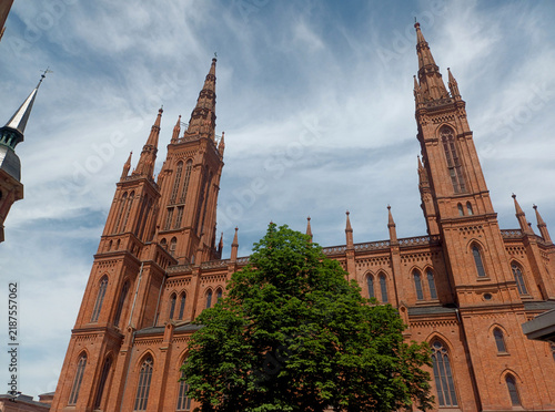 Marktkirche with urban greenery in Wiesbaden, Germany