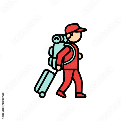 Traveler with Backpack and Rolling Suitcase Isolated Illustration