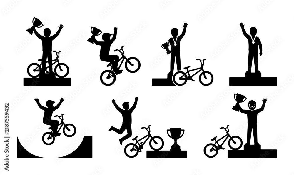 Fototapeta premium BMX Cycling Victory Silhouettes, Bicycle Race Champions, Podium Winners, Trophy Celebration Icons