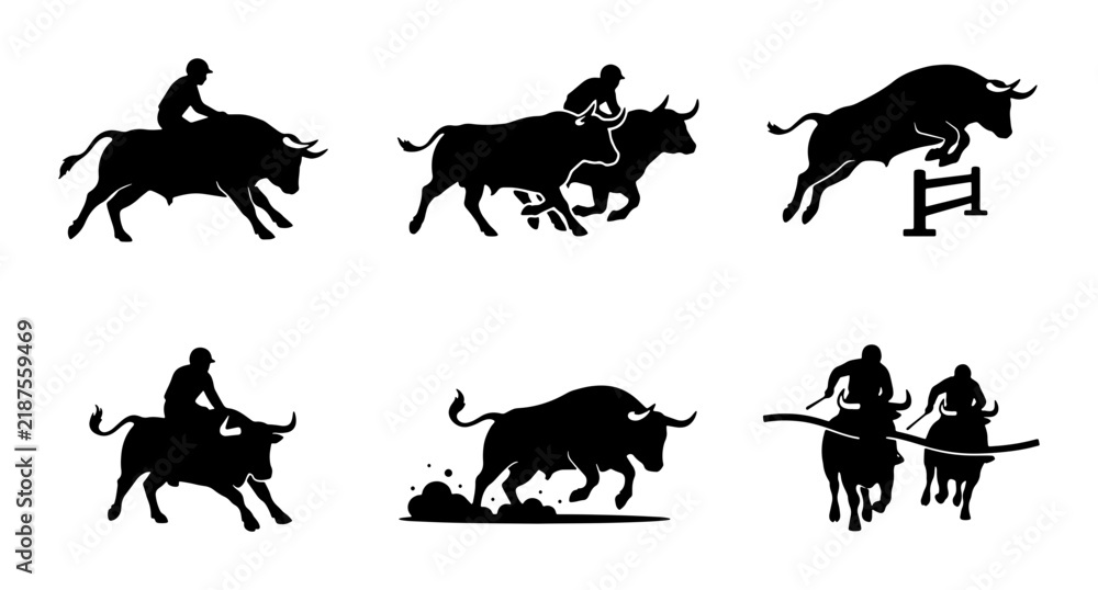 Fototapeta premium Bull Riding Rodeo Icons, Cowboy Silhouette Vector Set, Livestock Animal Action Graphics