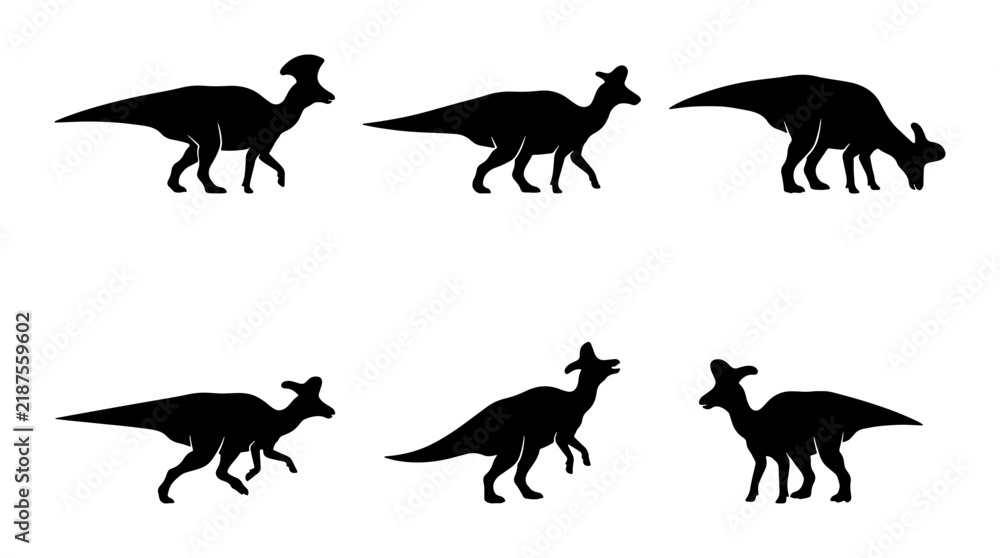 Obraz premium Dinosaur Silhouettes Set: Parasaurolophus, Pachycephalosaurus, Styracosaurus Icons, Prehistoric Animal Vector Graphics