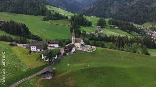 View of Val di Funes with the Chruch of Santa Maddalena in the Dolomites Mountains. UNESCO world heritage in South Tyrol, Italy 