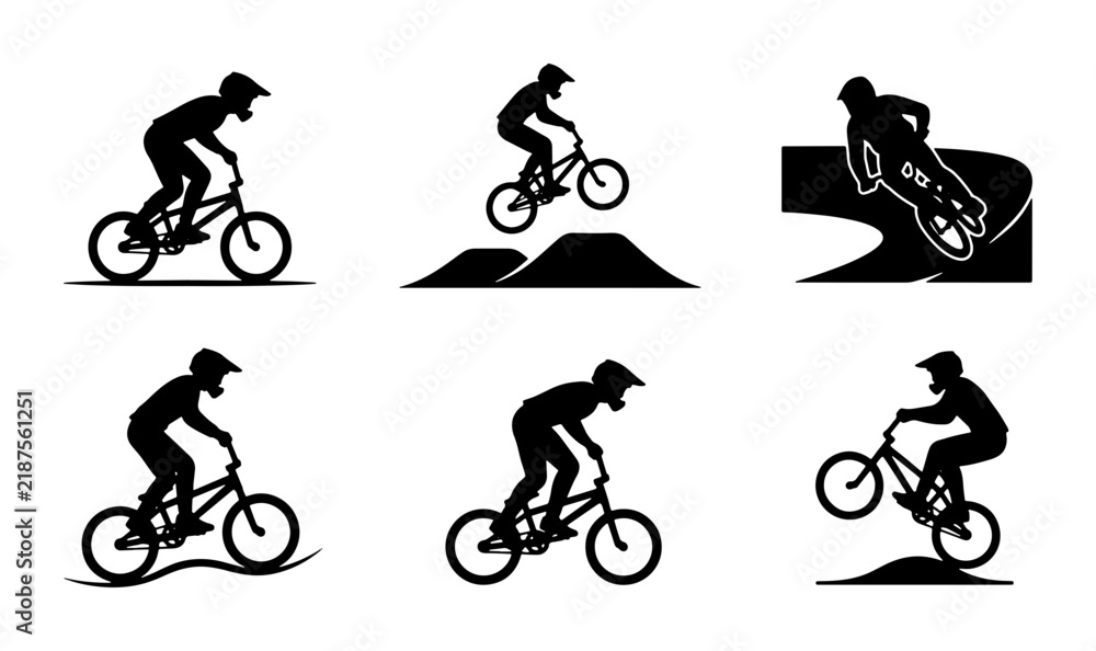 Fototapeta premium BMX Bike Silhouette Icons, Extreme Sports Action Vector Graphics, Bicycle Rider Set