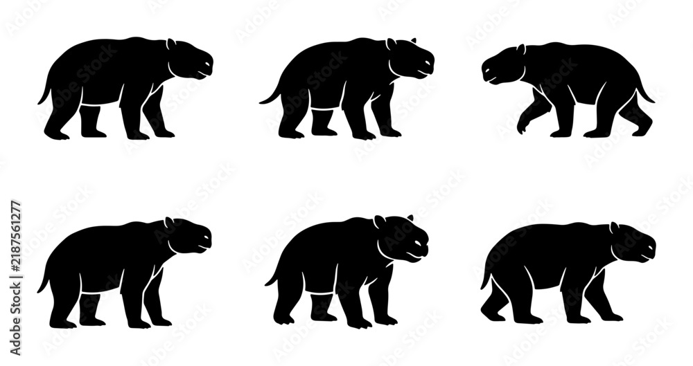 Fototapeta premium Six Black Hippopotamus Icons, Vector Set, Wildlife Animal Silhouettes, African Fauna Collection