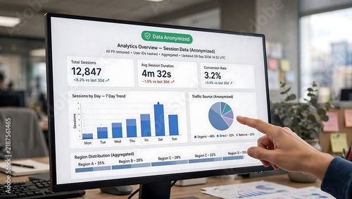 Fototapeta A person points at a computer screen displaying anonymized session data analytics, highlighting a commitment to data privacy and compliance.