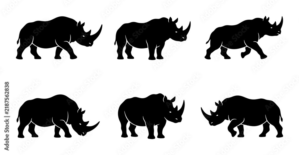 Obraz premium Rhino Silhouettes Collection, Wildlife Animal Icons, African Safari Mammal Vector Graphics